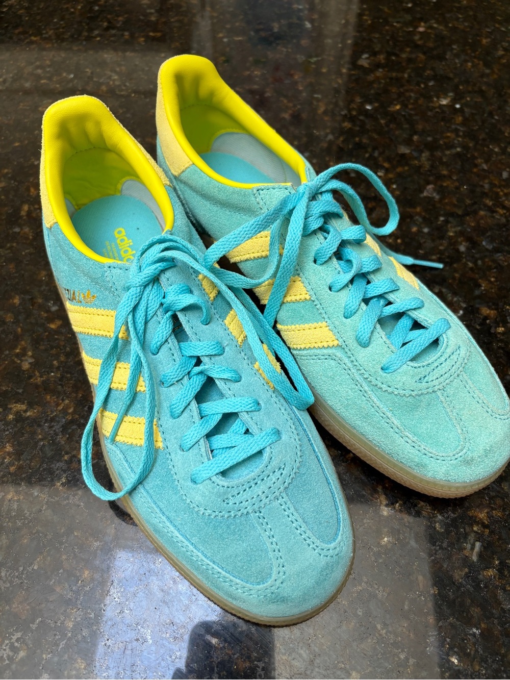 adidas Women’s Turquoise Suede Sneakers with Yellow Stripes